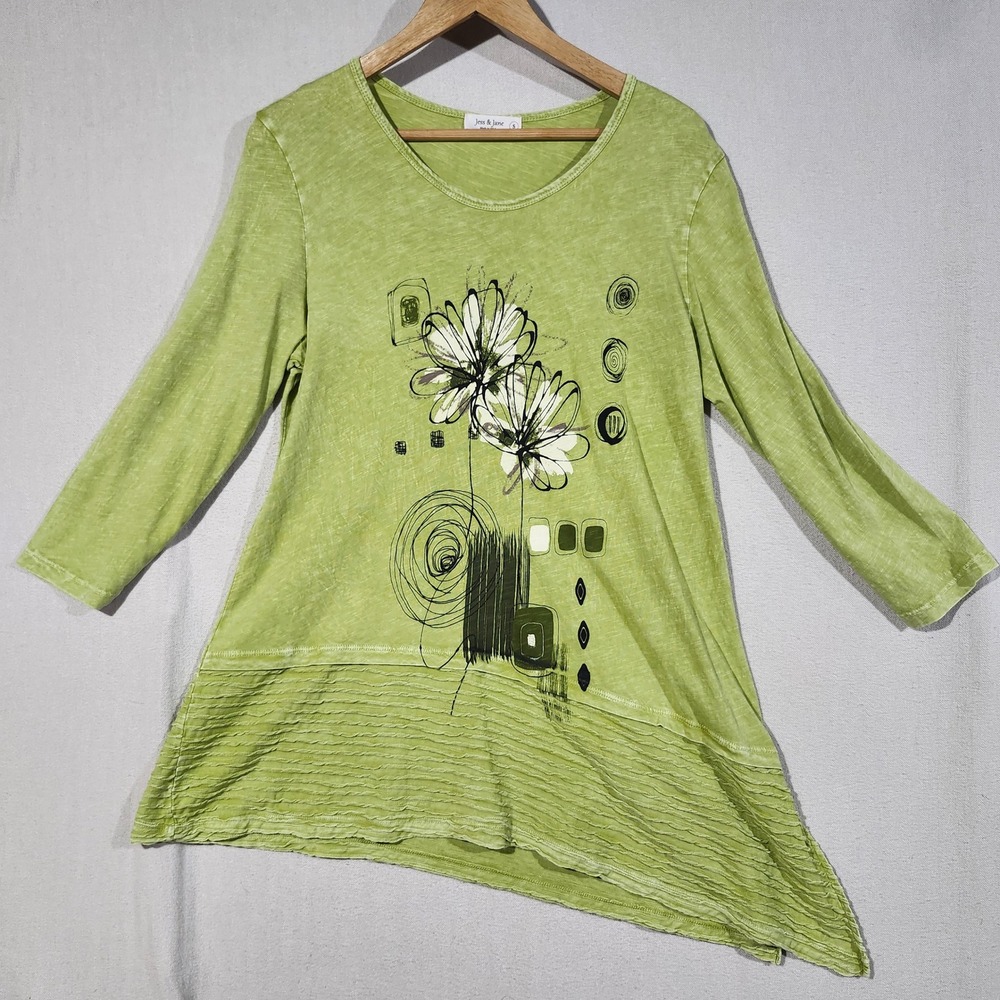 Jess & Jane Womens Lime Green Floral Asymmetrical Hem Cotton Tunic Top Small